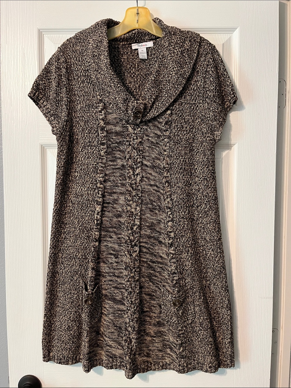 Style & Co. Black and Tan Marled Shawl-Collar Short Sleeve Tunic